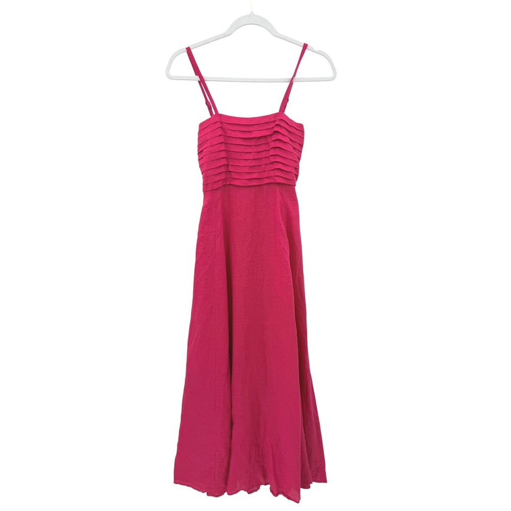 Lusana Pink 100% Linen Pleated Bodice Smocked Back Maxi Dress Womens Size 6 M